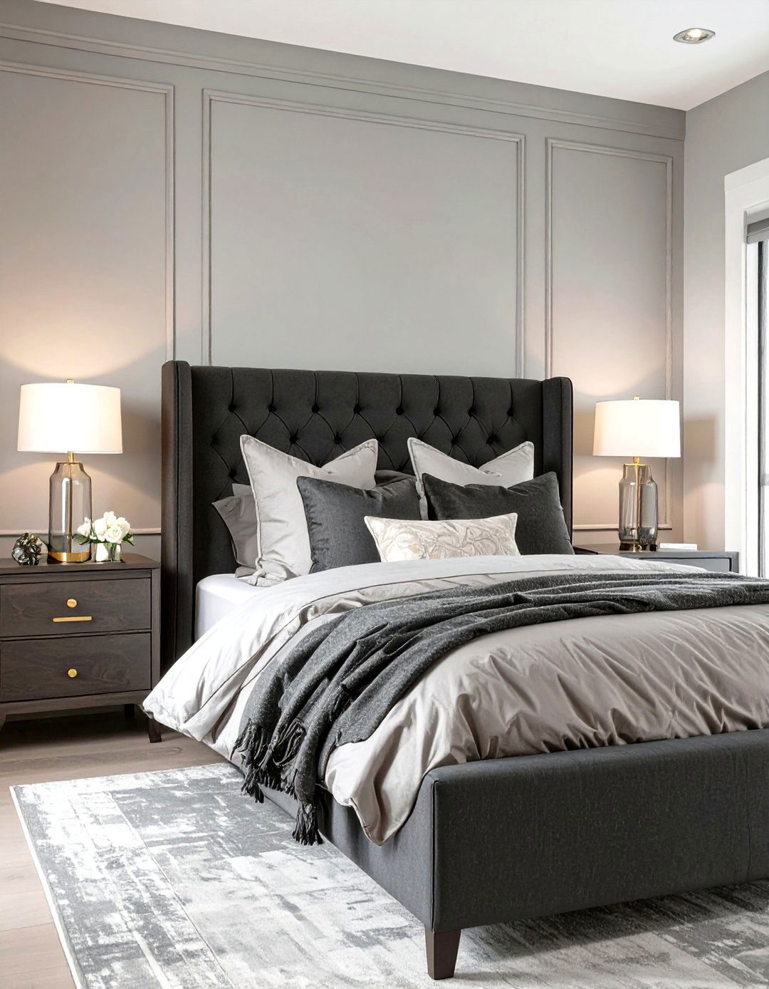 Light Grey Walls with Dark Grey Furniture - 30 simple grey bedroom ideas