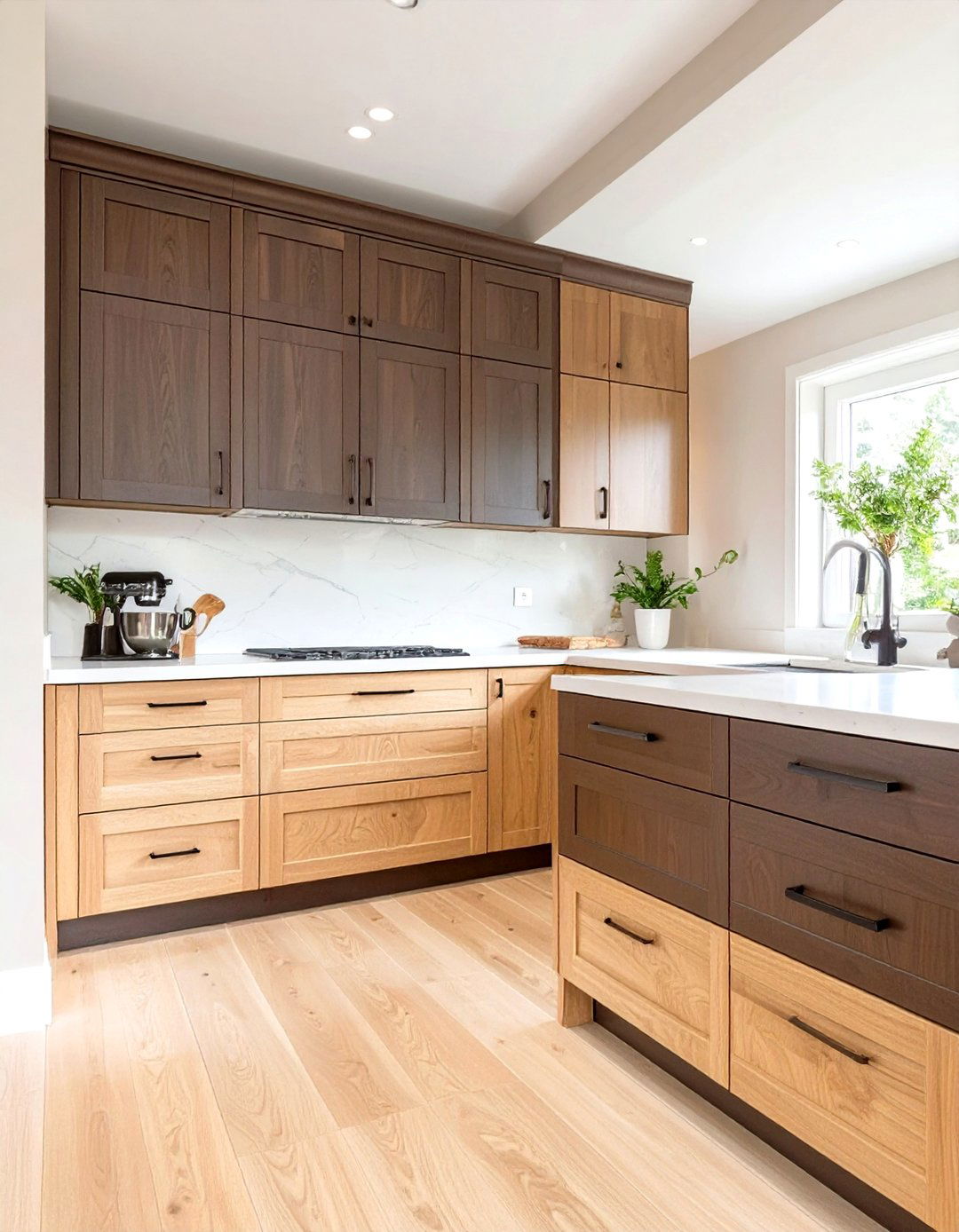 Light Wood Lowers with Dark Wood Uppers - 30 two tone kitchen cabinet ideas