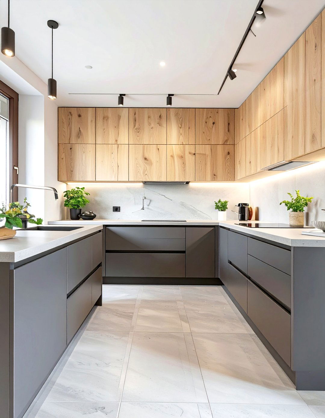 Light Wood Uppers with Dark Gray Lowers - 30 two tone painted kitchen cabinet ideas