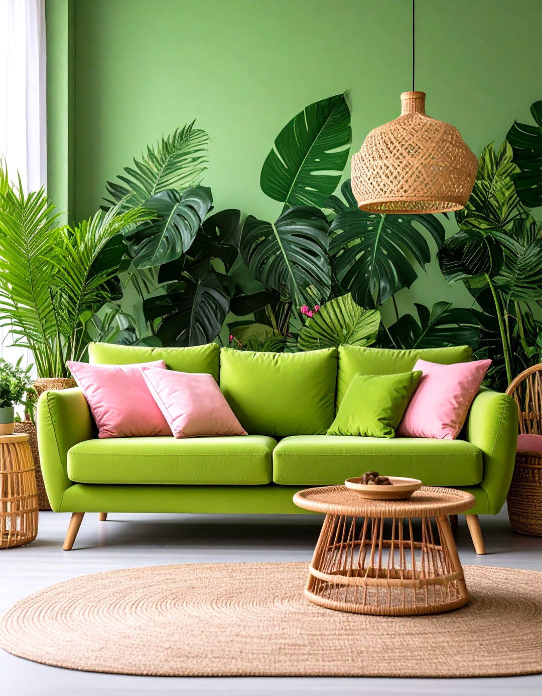 Lime Green Sofa in a Tropical Themed Room - 30 green sofa living room ideas
