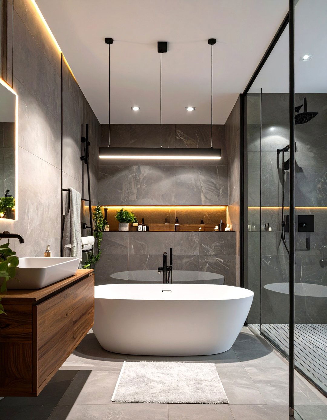 Linear Suspension Light Over a Shower Tub - 30 shower lighting ideas