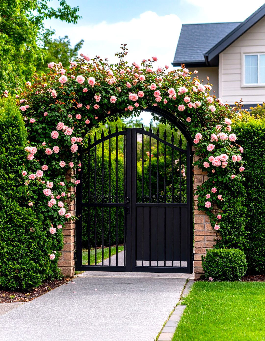 Living Fence of Hedges with an Iron Archway Gate - 30 front yard fence ideas with gate