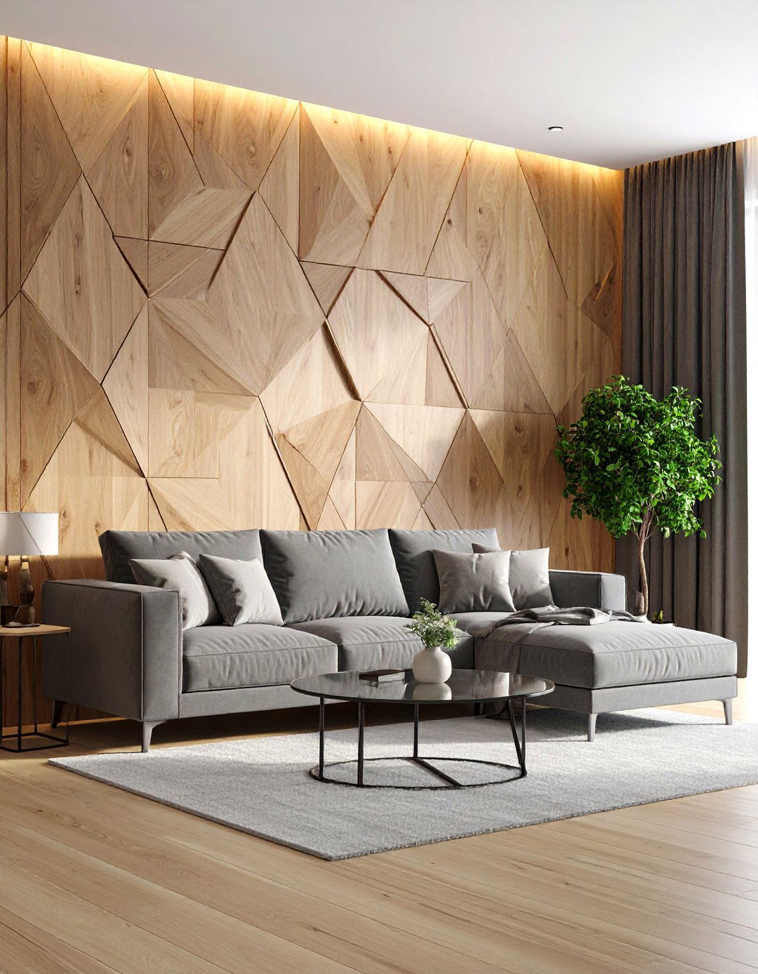 Living Room Geometric Wood Panels - 30 accent wall designs