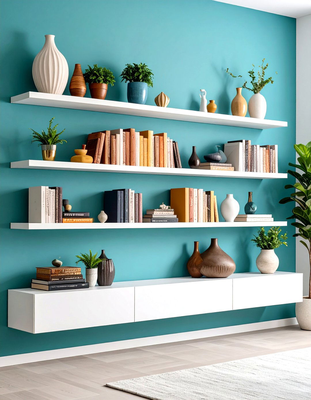 Living Room Low Horizontal Shelving - 30 living room wall shelf decor ideas