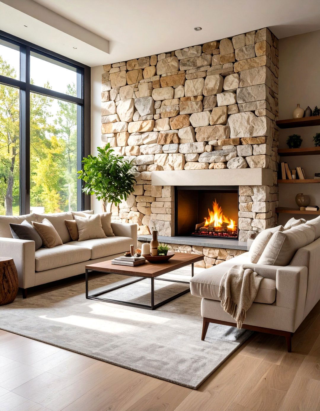 Living Room Natural Stone Wall - 30 living room large wall decor ideas