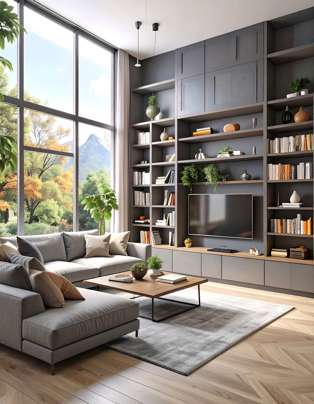 Living Room Wall with Built In Shelving