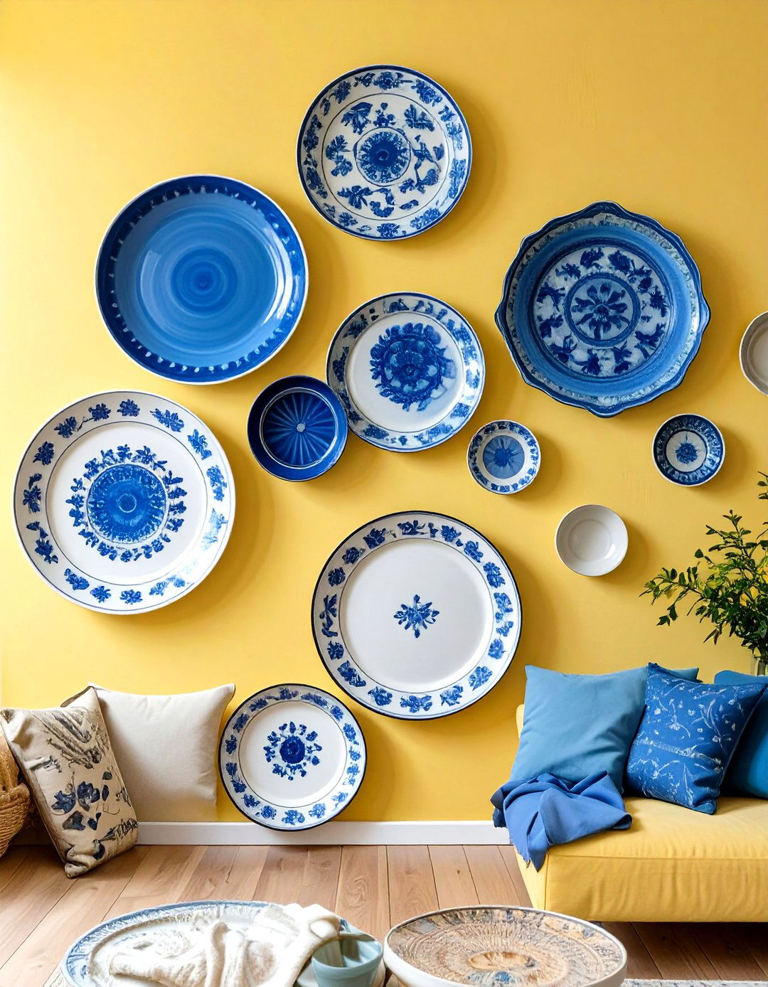 Living Room Wall with Decorative Plates - 30 wall ideas for living room