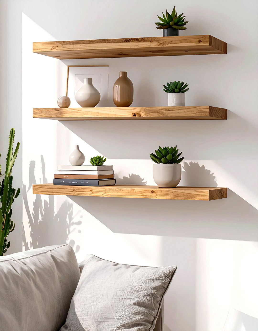 Living Room Wall with Floating Shelves - 30 wall ideas for living room