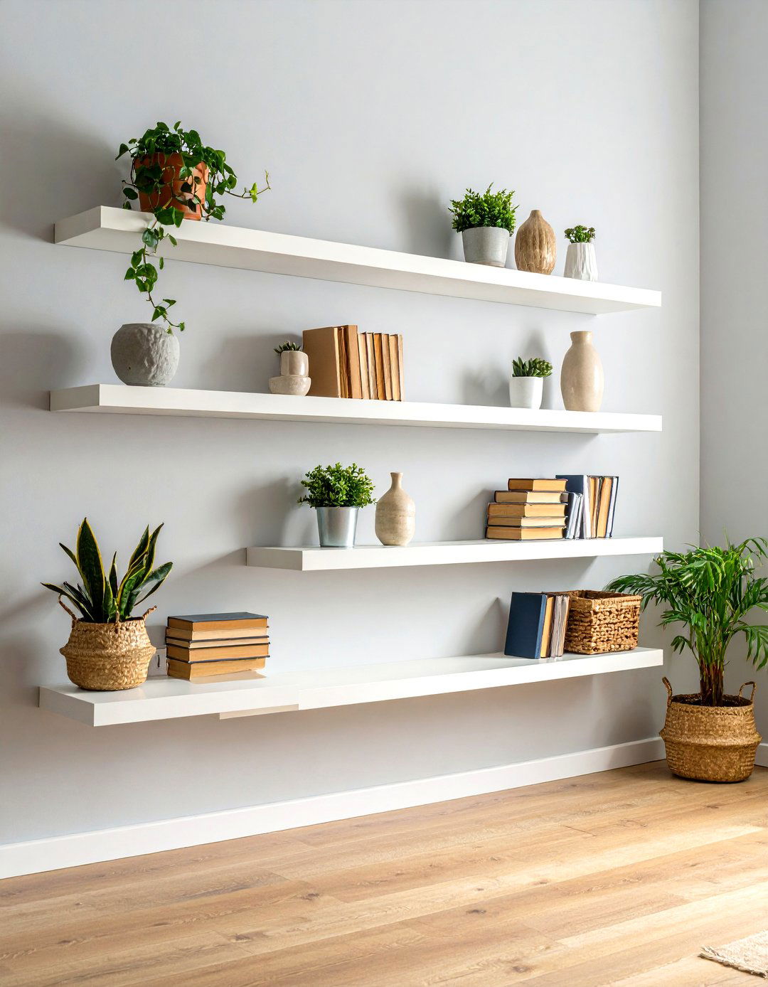 Living Room Wall with Floating Shelves - 30 living room wall ideas