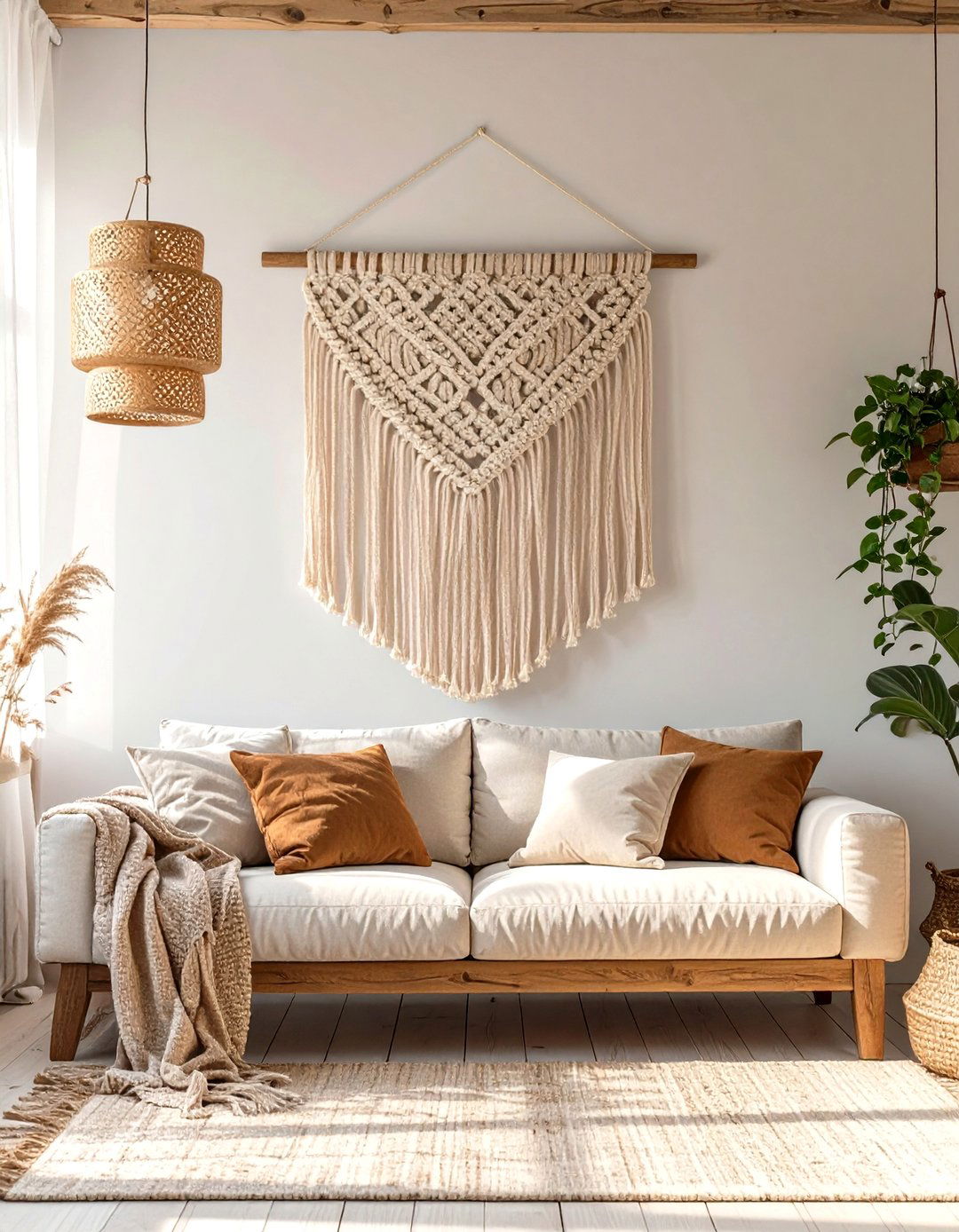 Living Room Wall with Macrame Hangings - 30 wall ideas for living room