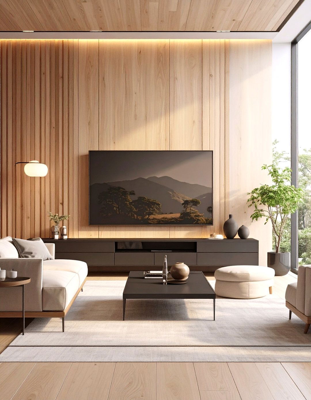 Living Room Wall with Slat Wood Paneling - 30 wall ideas for living room