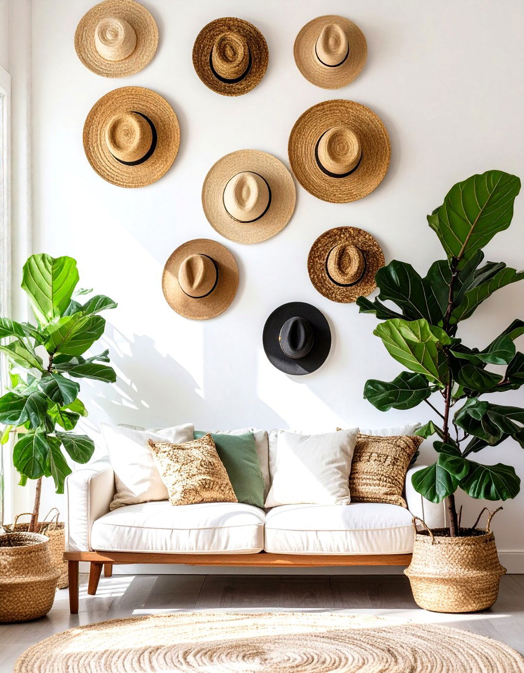 Living Room Wall with a Collection of Hats - 30 wall ideas for living room