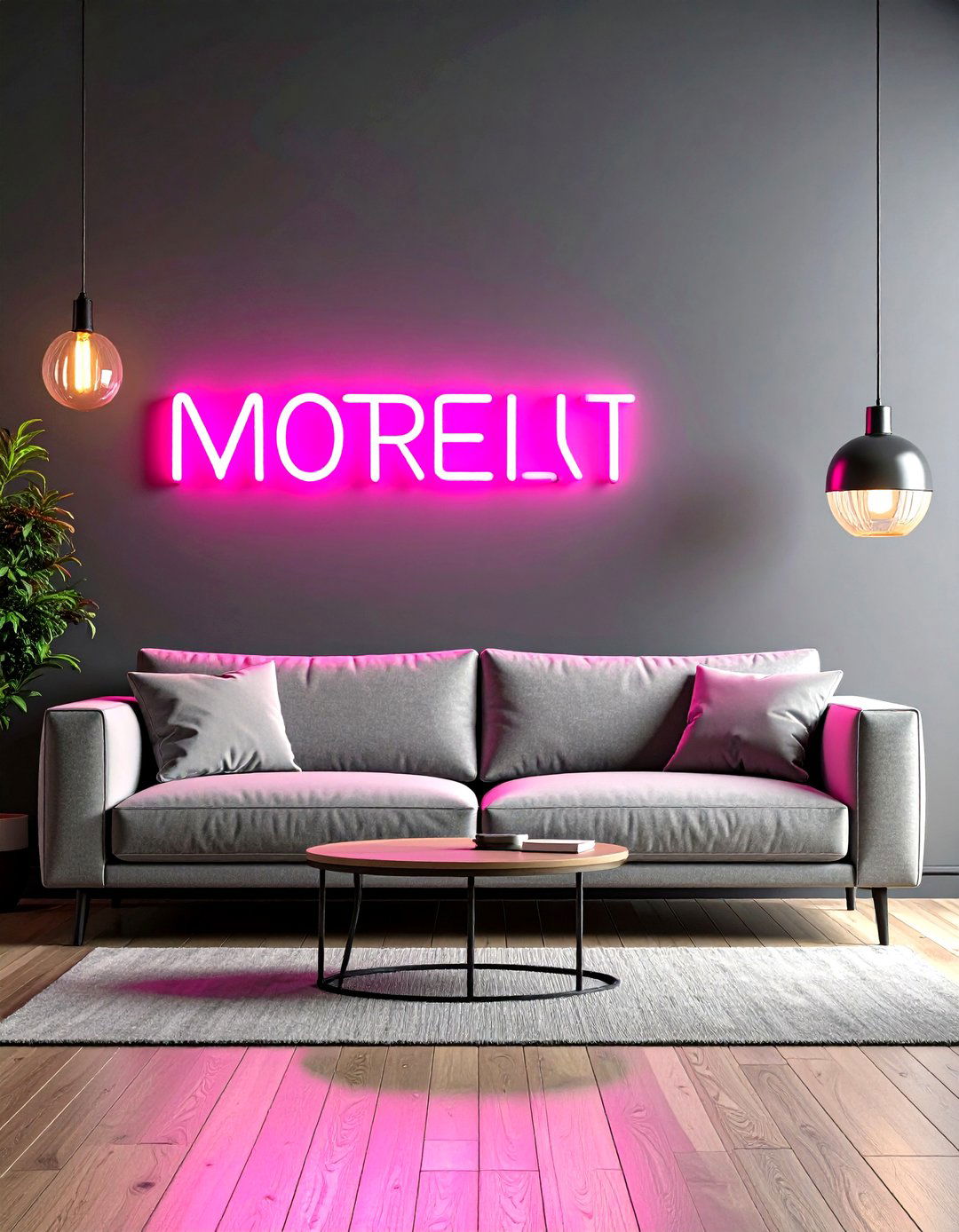 Living Room Wall with a Neon Sign - 30 living room wall ideas
