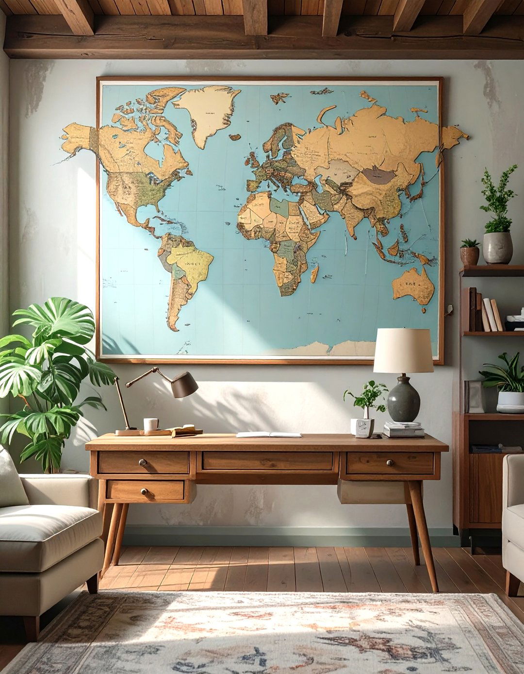 Living Room Wall with a World Map - 30 wall ideas for living room