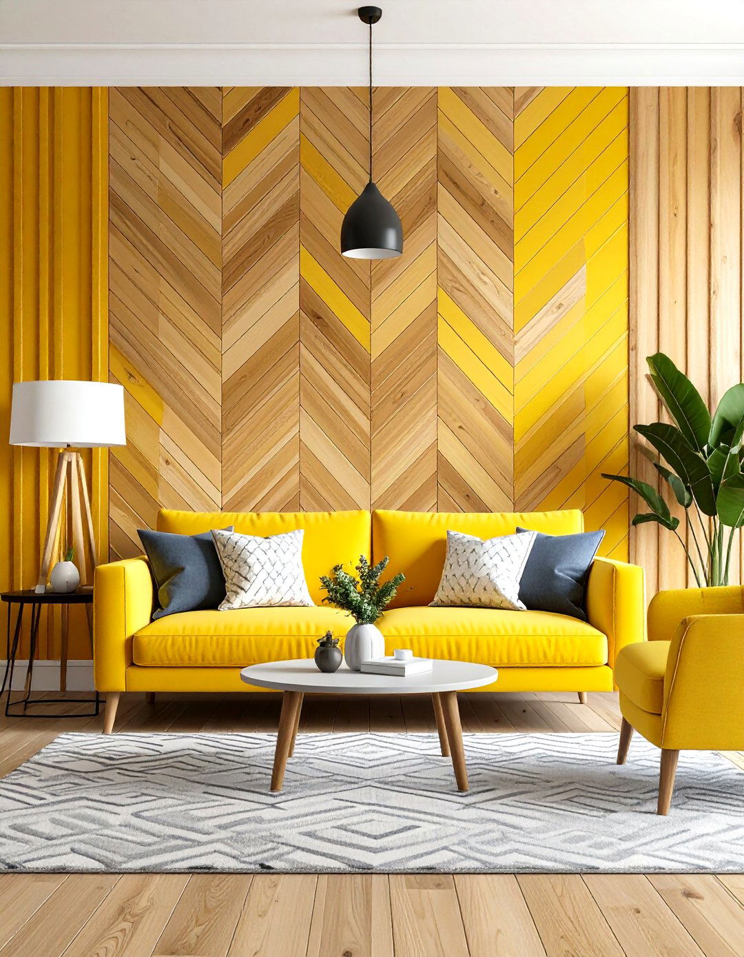 Living Room with Chevron Wood Pattern - 30 living room feature wall ideas