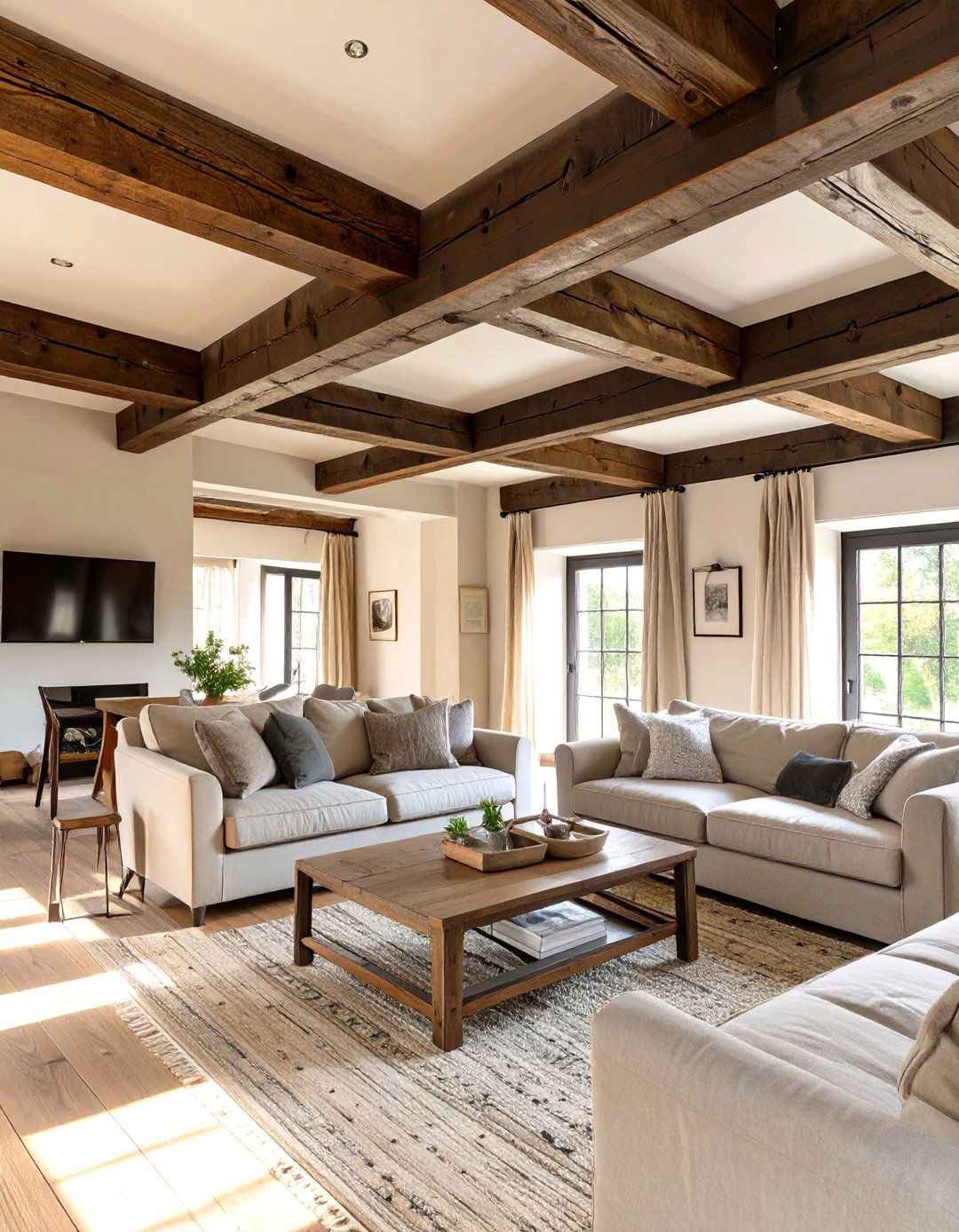Living Room with Exposed Ceiling Beams - 30 cottage living room ideas