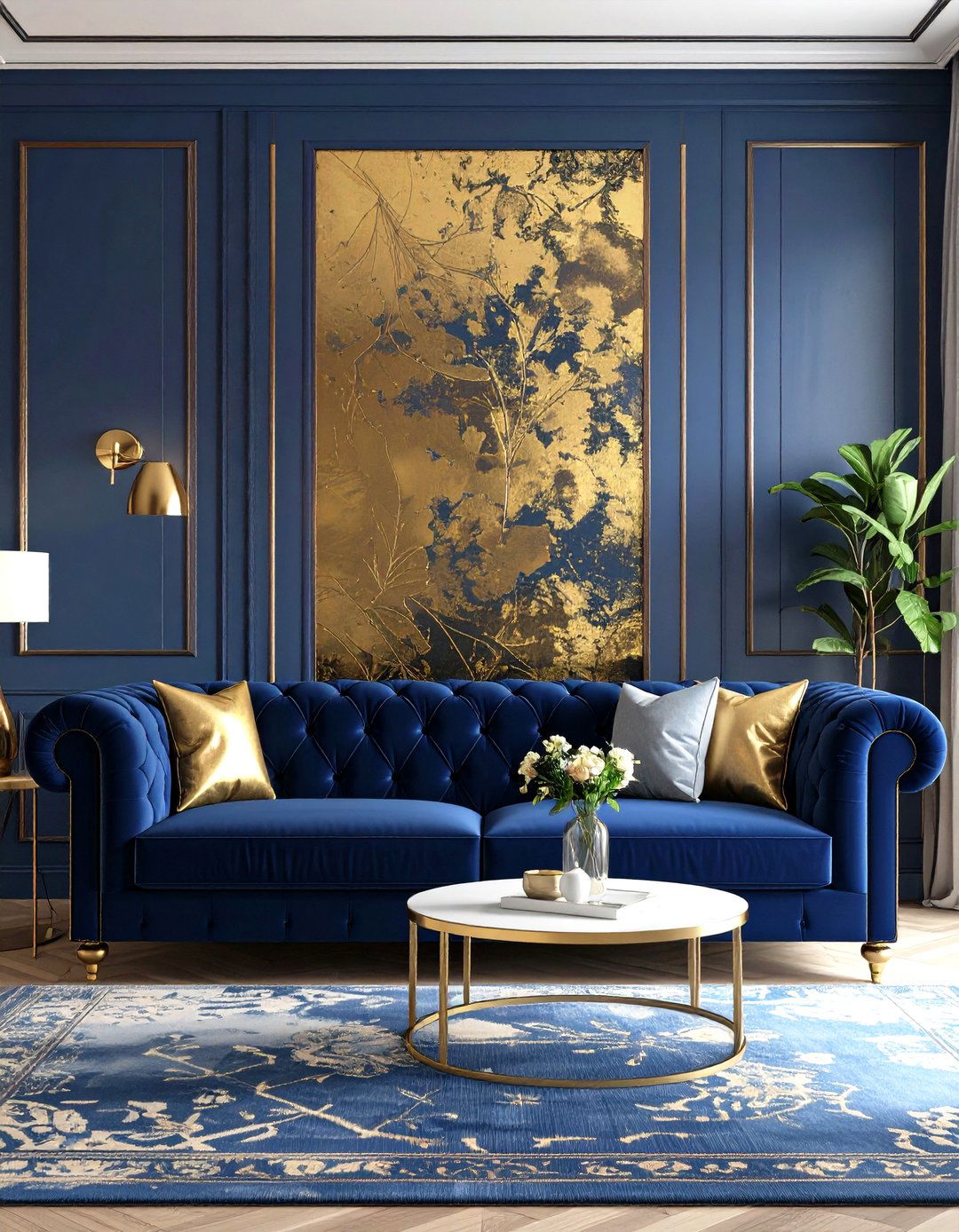 Living Room with Gold Leaf Accent - 30 living room feature wall ideas