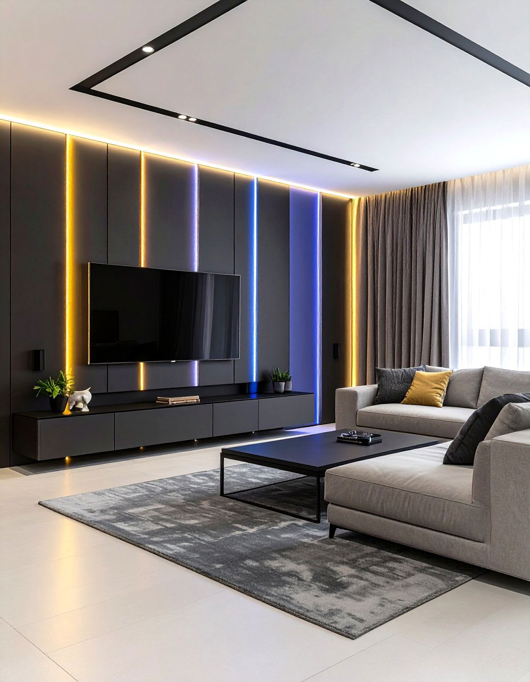 Living Room with LED Light Integration - 30 living room feature wall ideas