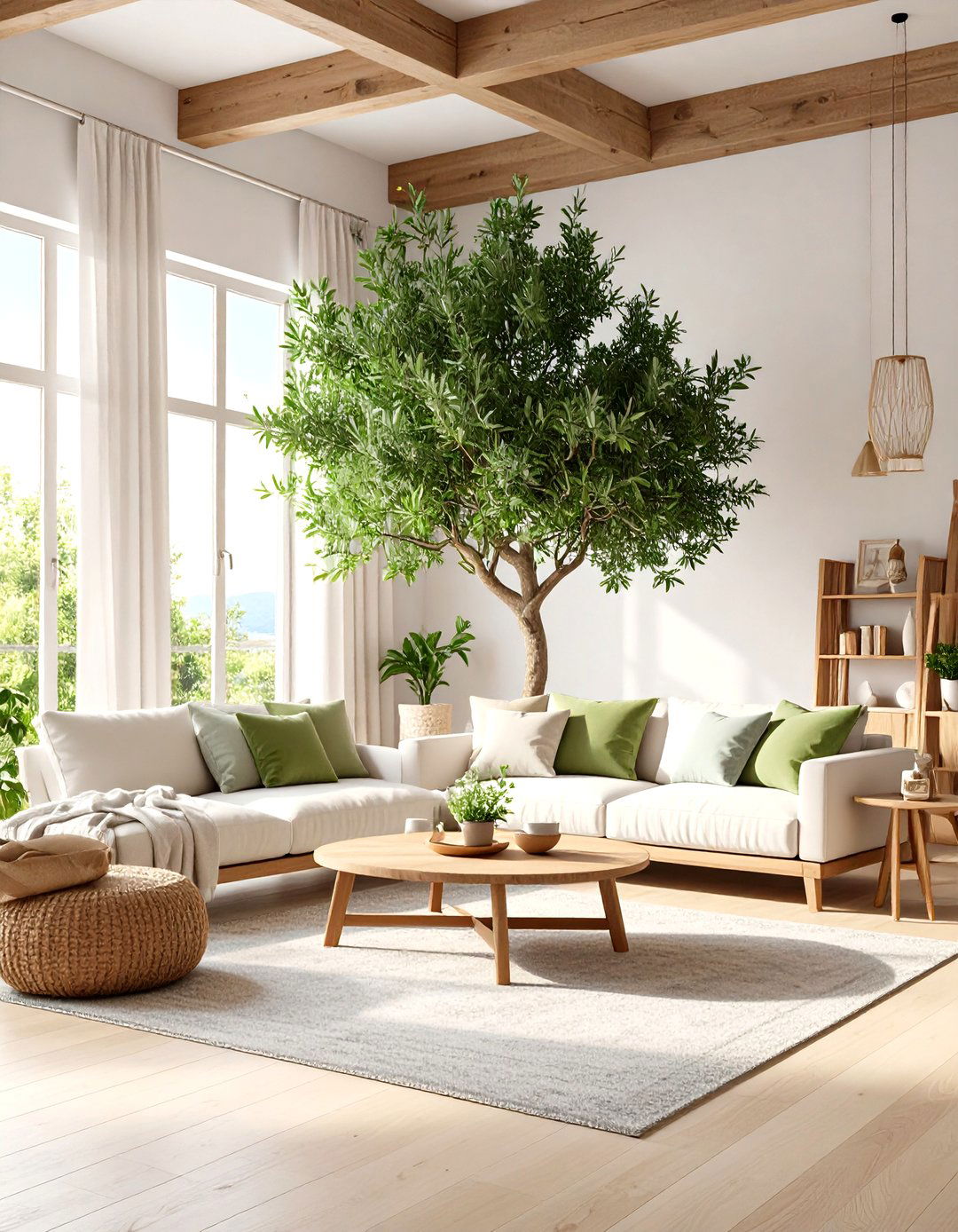 Living Room with a Statement Tree - 30 living room indoor plants decoration ideas