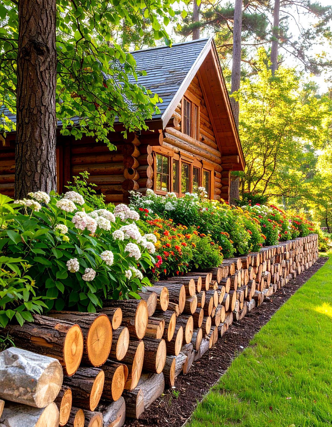 Log Retaining Wall for a Cabin Feel - 30 front yard retaining wall ideas