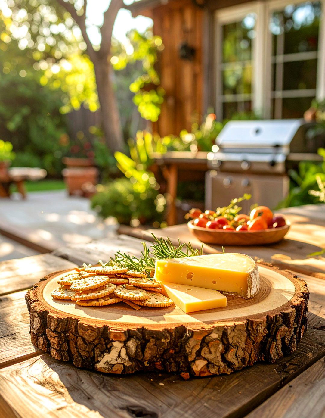 Log Slice Serving Platters - 30 outdoor kitchen ideas on a budget