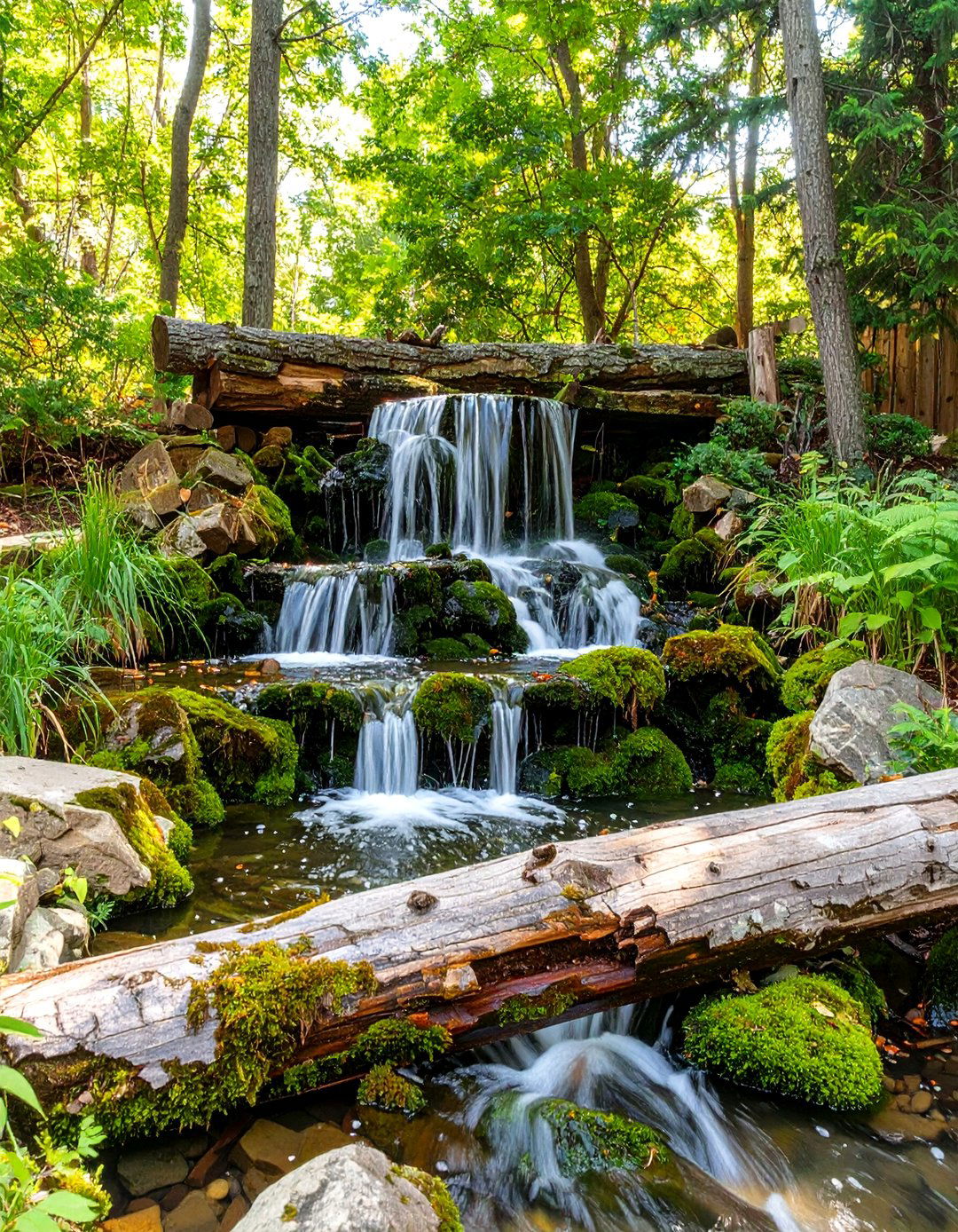 Log and Boulder Cascade - 30 backyard waterfall ideas
