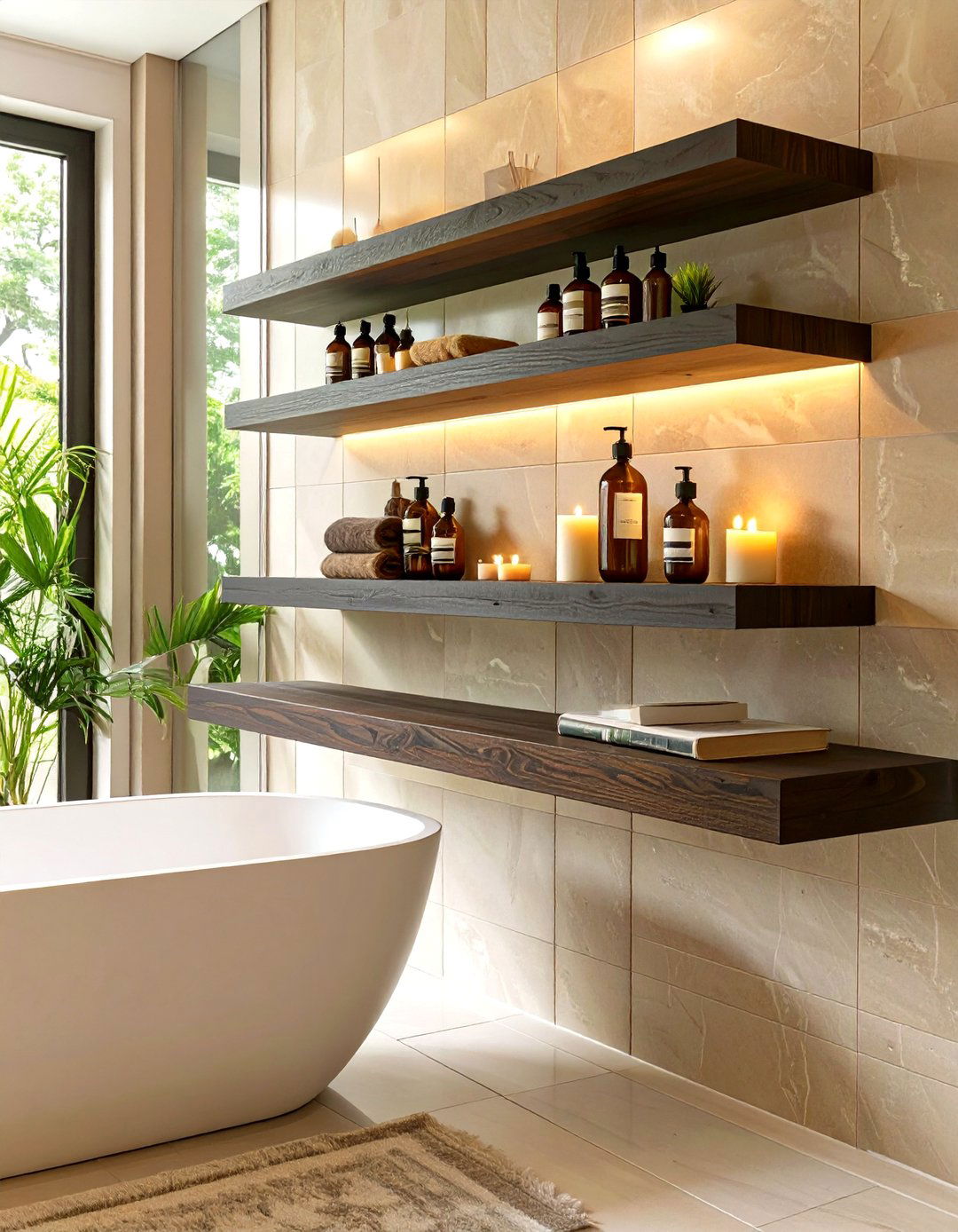 Long Floating Shelf Over the Bathtub - 30 floating shelves bathroom ideas