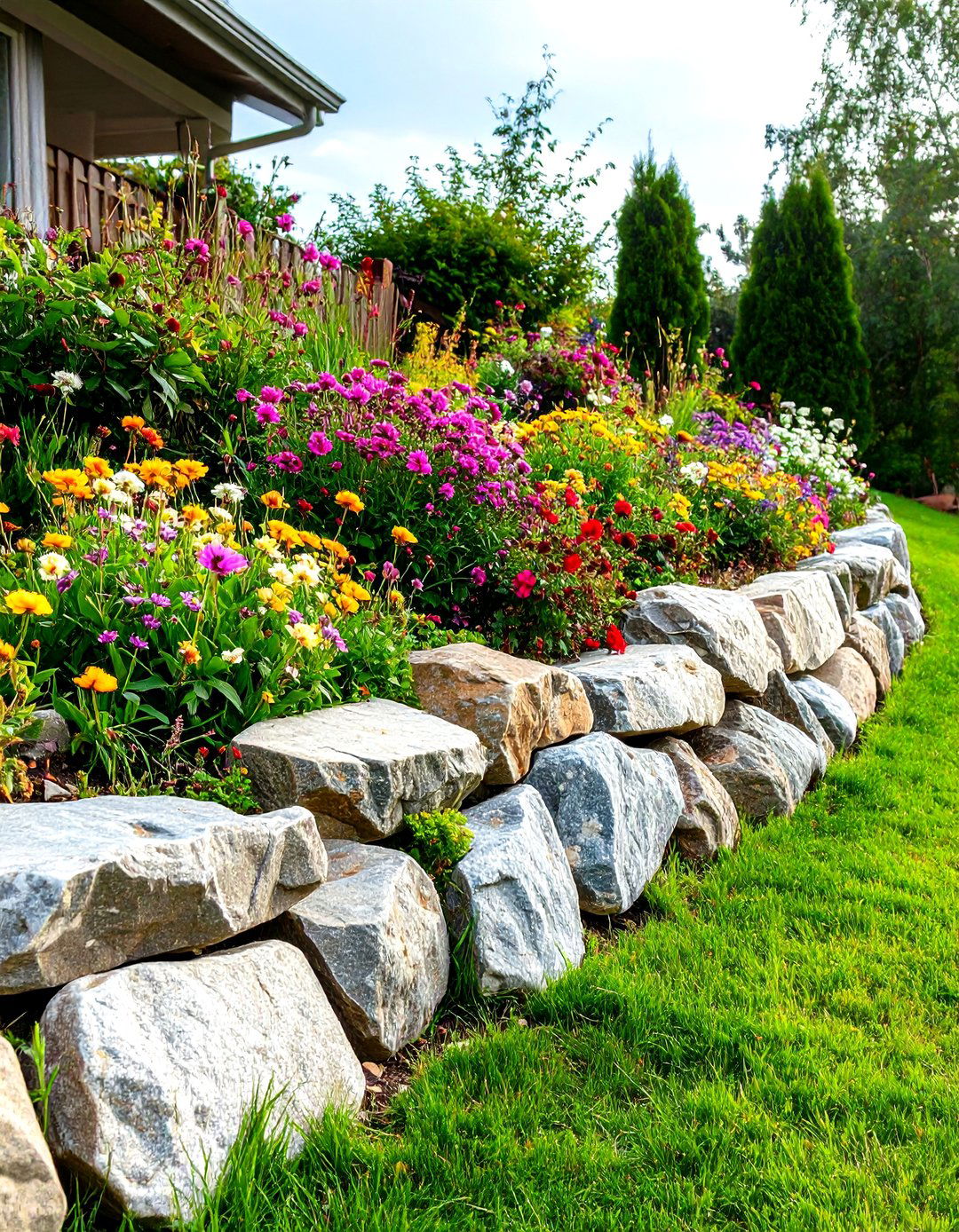 Low Boulder Retaining Wall for Naturalistic Terracing - 30 retaining wall ideas for sloped front yard