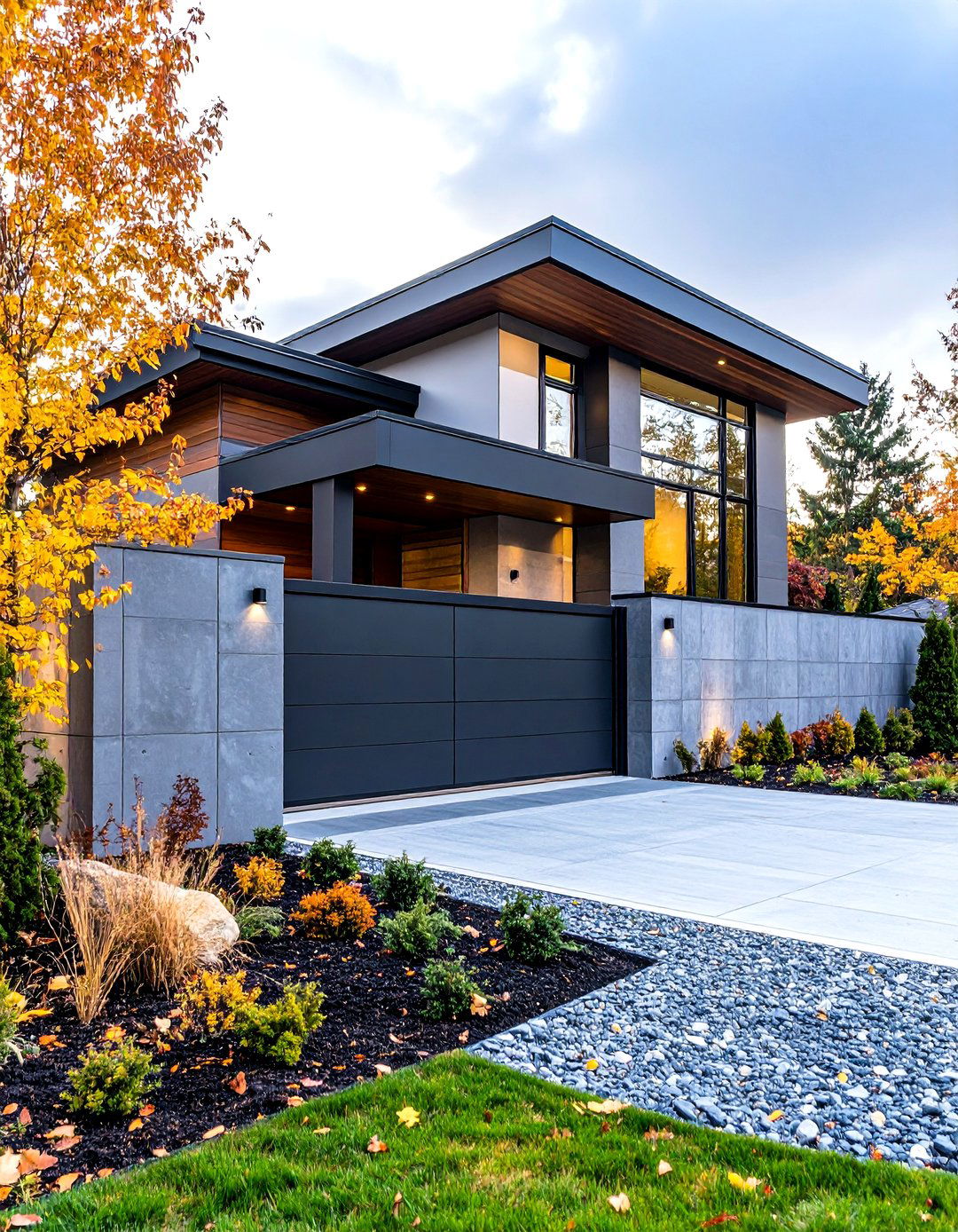 Low Profile Modern Block Wall - 30 front yard fence ideas with driveway