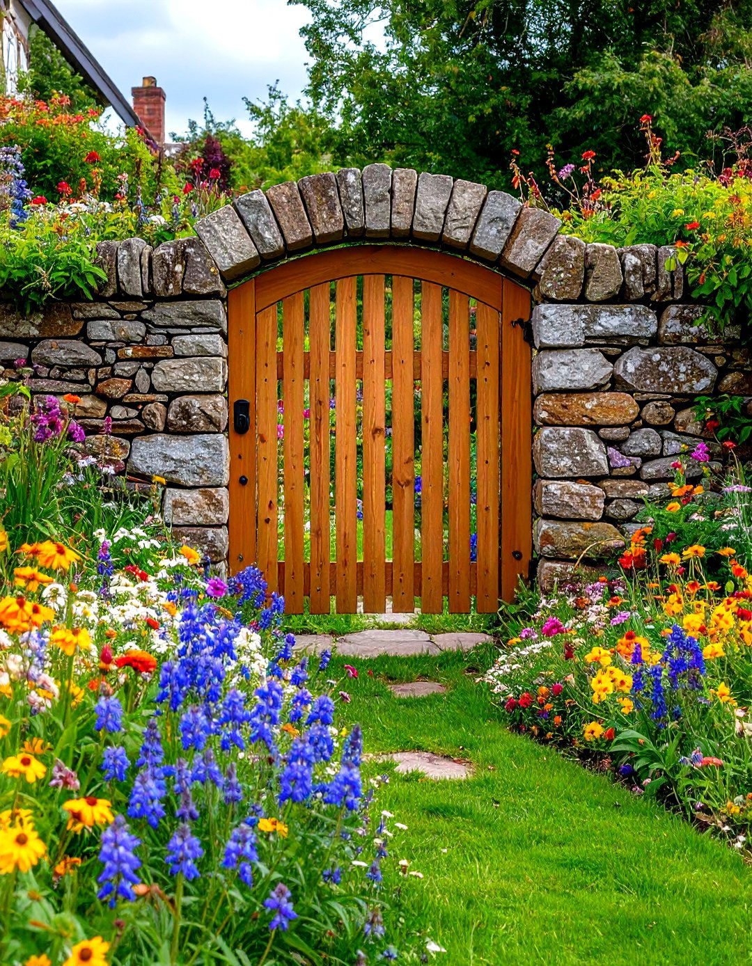 Low Stone Wall with a Wooden Cottage Gate - 30 front yard fence ideas with gate
