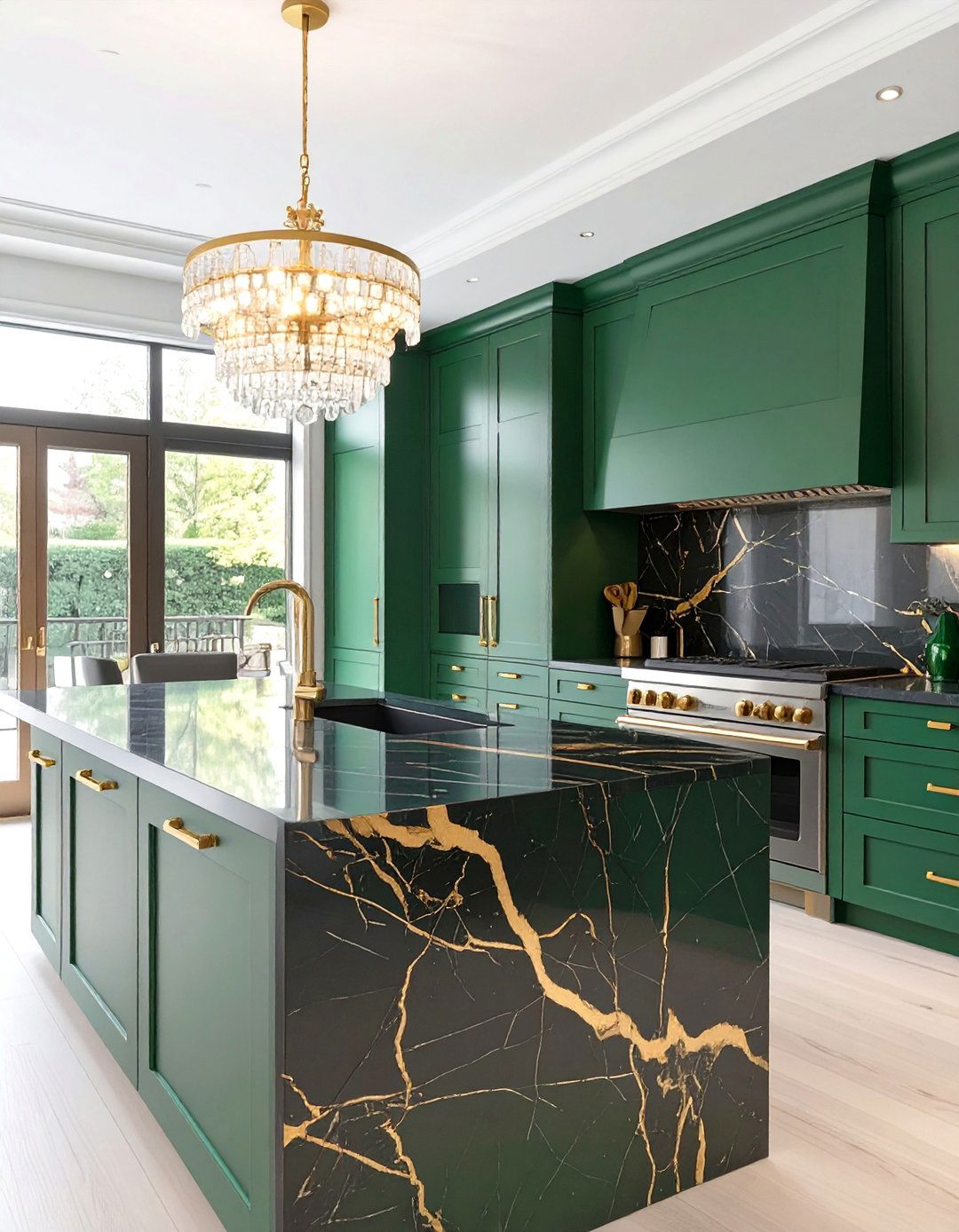 Luxe Kitchen with Jade Green Cabinets and Black Marble - 30 green kitchen cabinets ideas