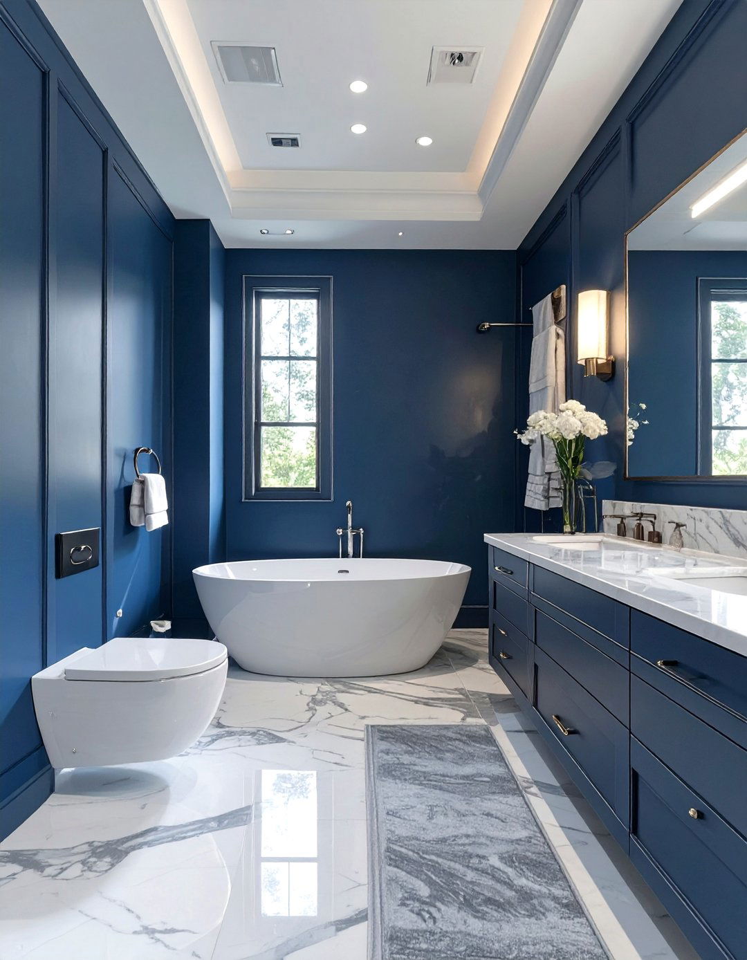 Luxury Master Suite with Navy and Marble Gray - 30 blue and gray bathroom ideas