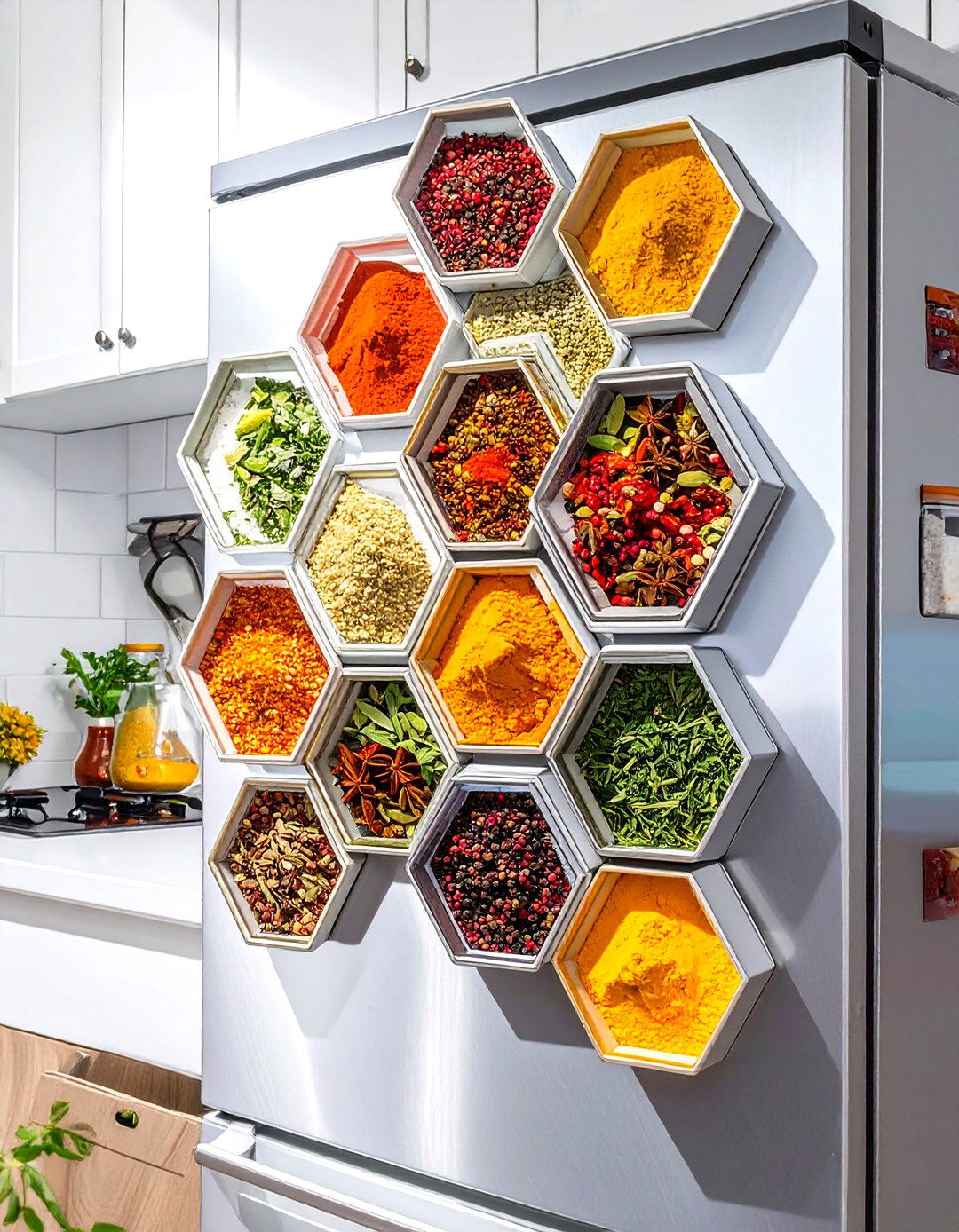 Magnetic Tins for Spices on the Fridge - 30 small kitchen organization ideas