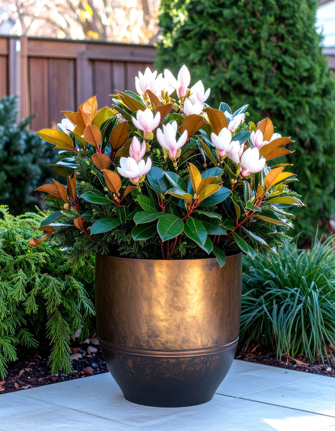 Magnolia Leaf and Evergreen Winter Planter - 30 outdoor winter planter ideas