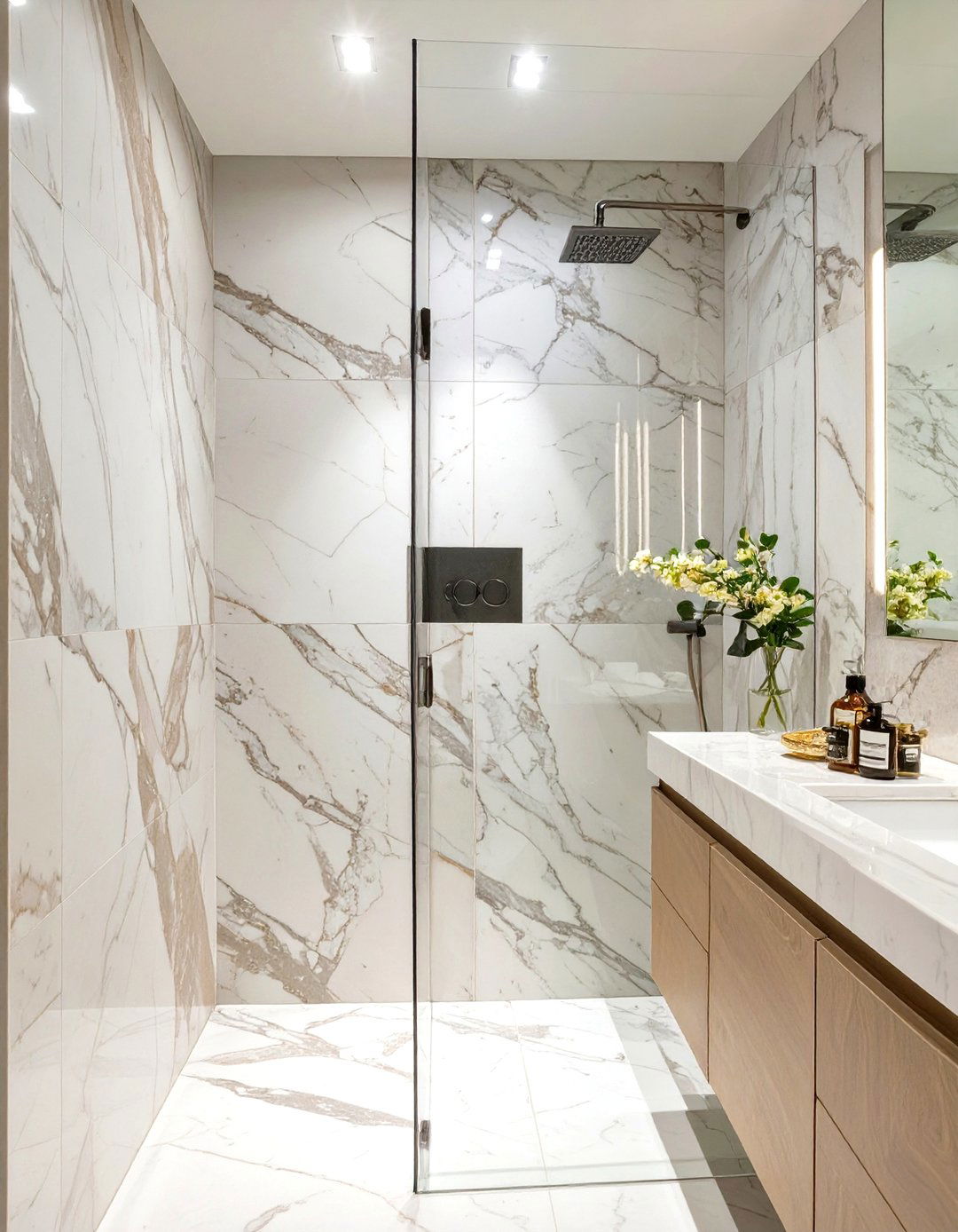 Marble Accent Wall in Shower - 30 marble bathroom ideas