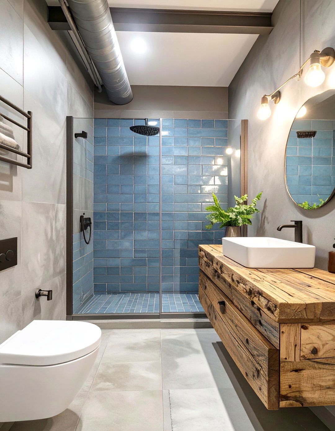 Masculine Industrial with Denim Blue and Gunmetal Gray - 30 blue and gray bathroom ideas