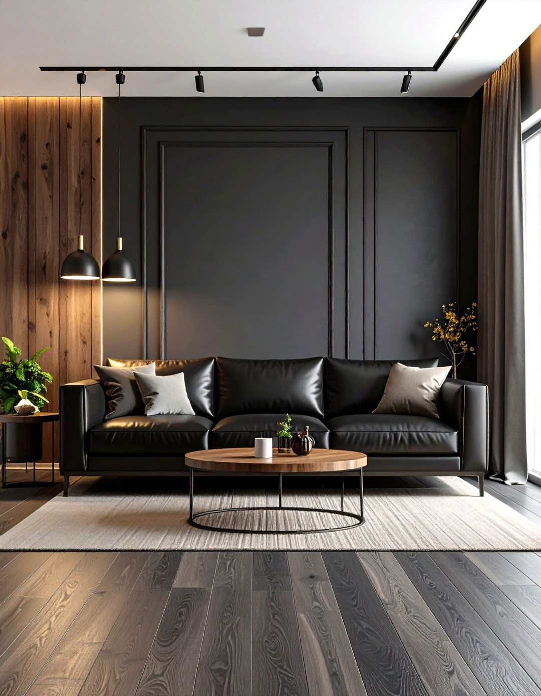 Masculine Living Room with Charcoal Grey Hardwood - 30 grey flooring living room ideas