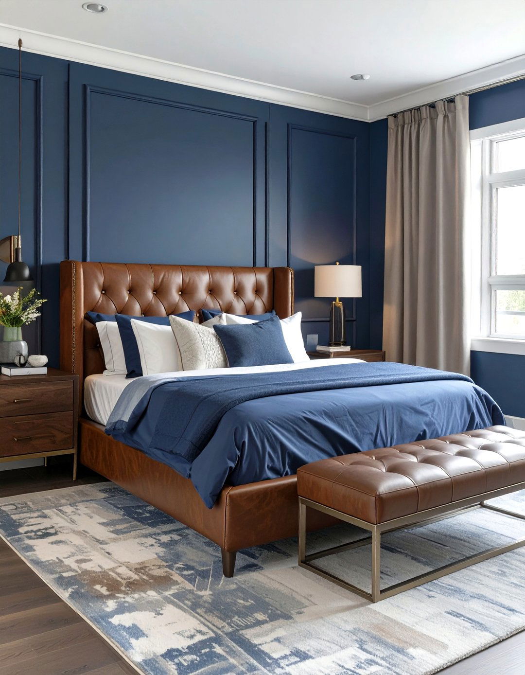 Masculine Navy and Leather Bedroom - 30 modern navy blue bedroom ideas
