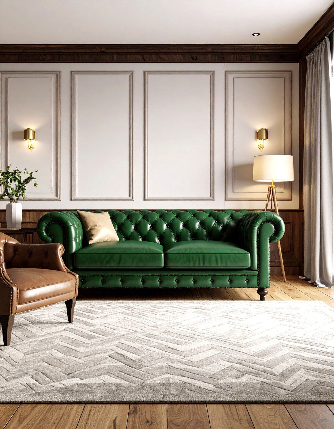 Masculine and Tailored Living Room - 30 emerald green sofa living room ideas