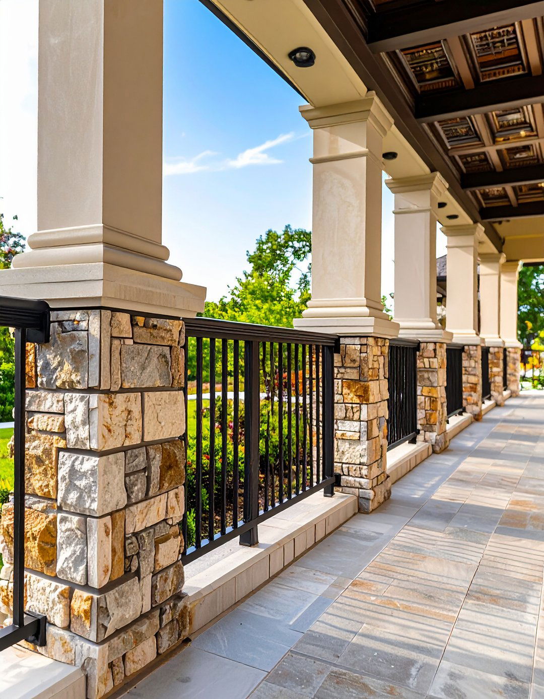 Masonry Pillar and Metal Railing - 30 modern deck railing ideas