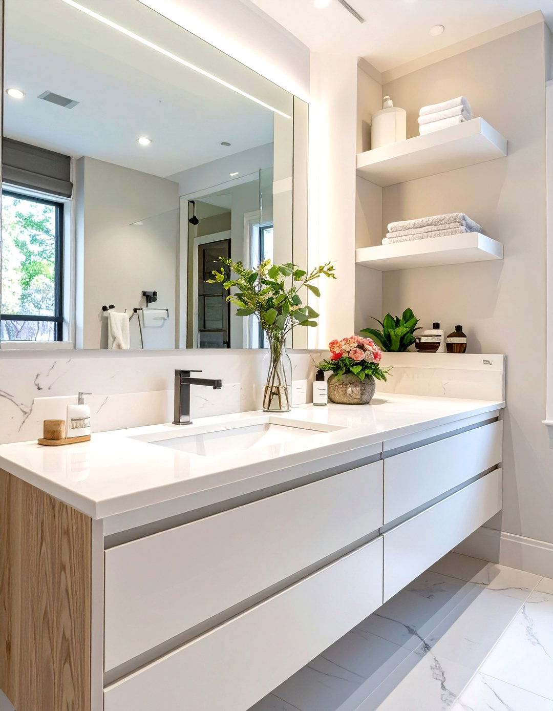 Matching Shelves and Vanity Top - 30 floating shelves bathroom ideas
