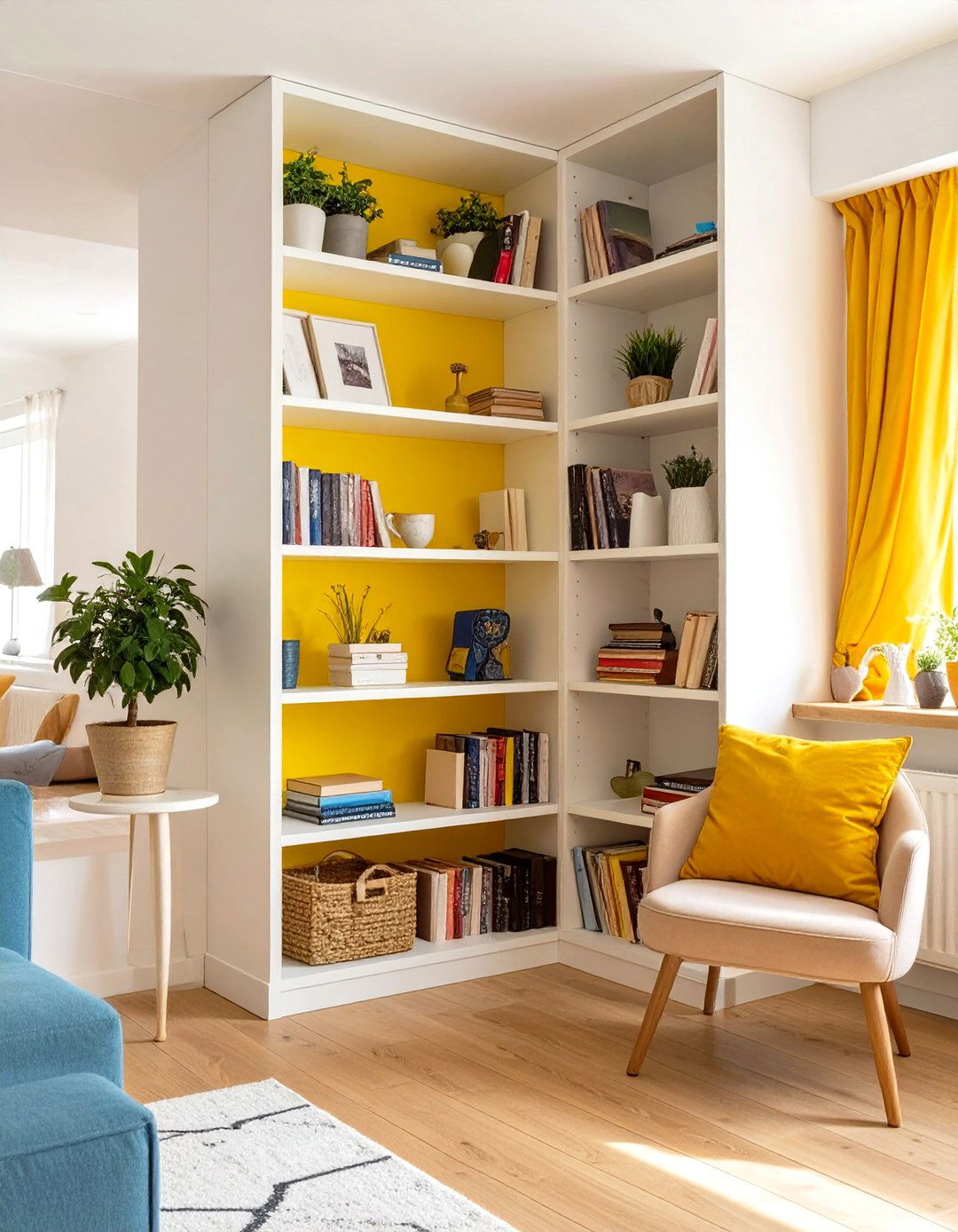 Maximize Corner Space with Shelving - 30 very small living room ideas