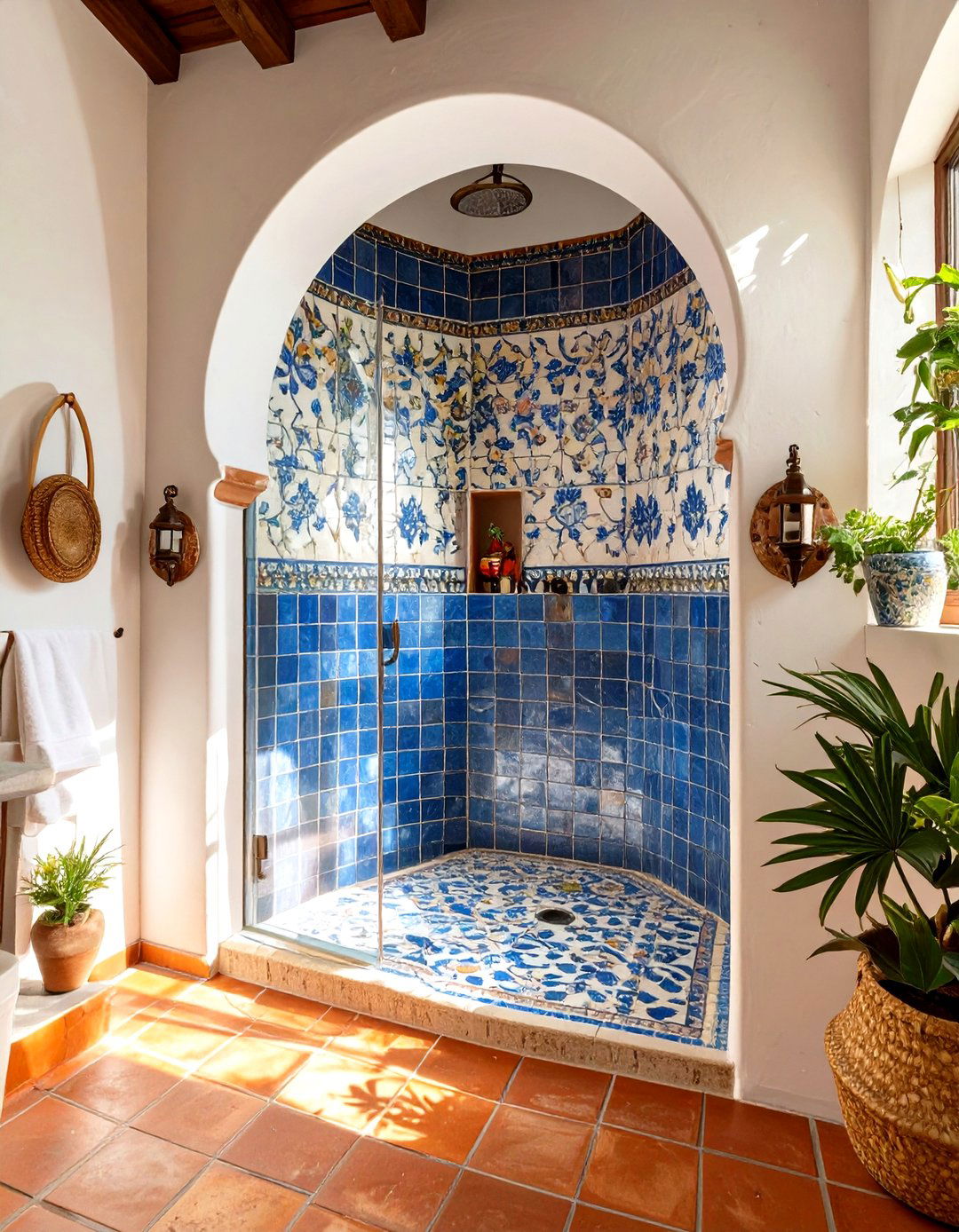 Mediterranean Blue Mosaic Shower - 30 corner shower ideas