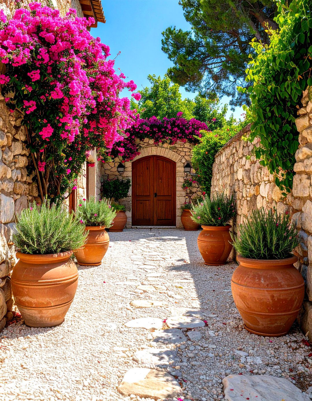 Mediterranean Driveway Entrance with Gravel and Terracotta - 30 driveway entrance landscaping ideas