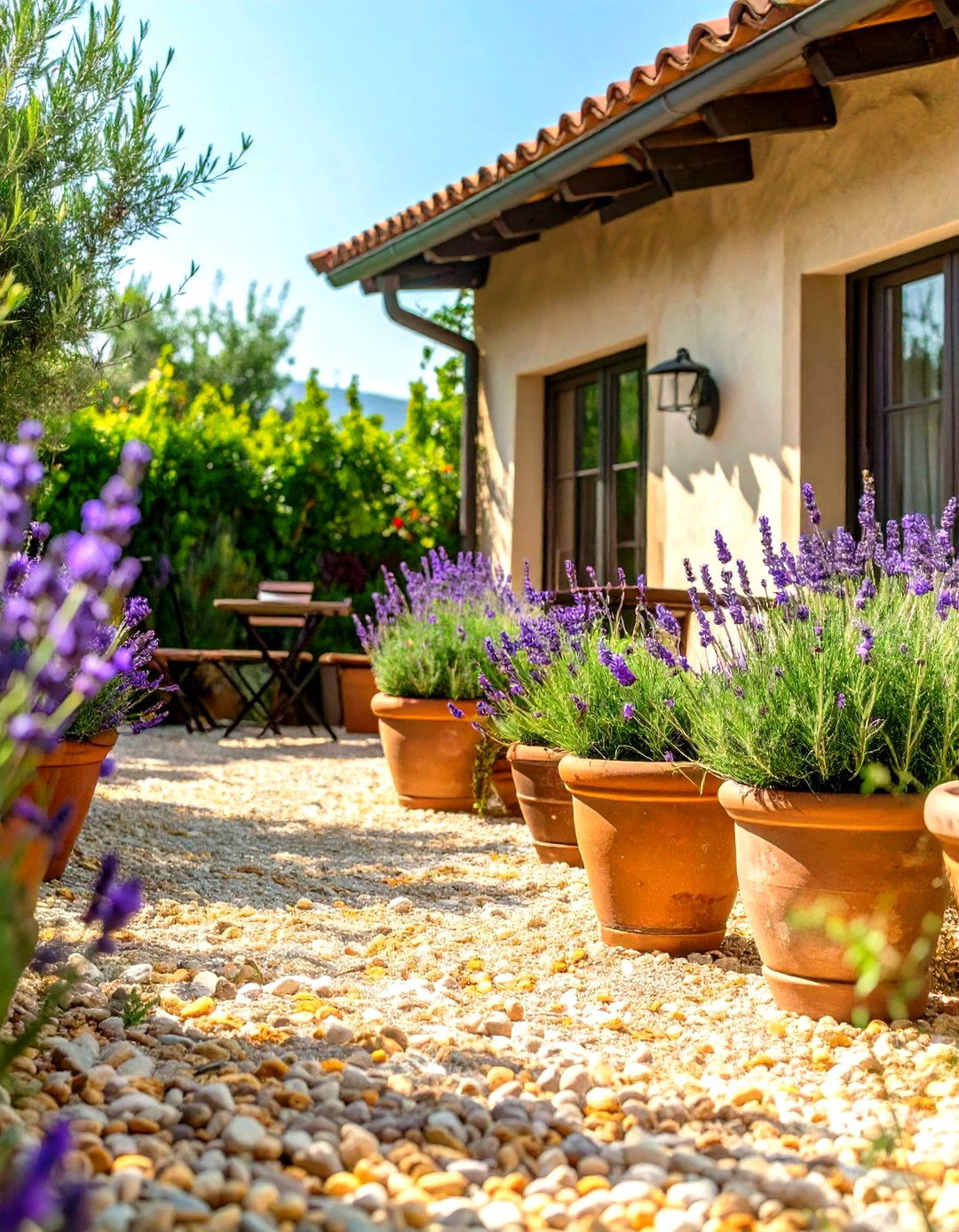 Mediterranean Gravel Patio with Herbs - 30 low budget backyard designs with gravel