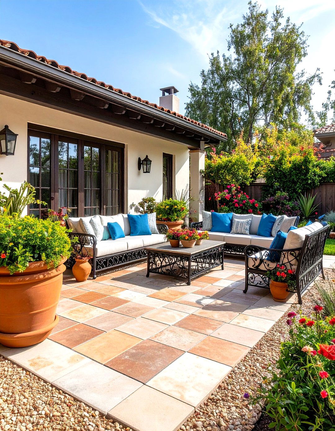 Mediterranean Gravel and Terracotta Patio - 30 diy cheap patio paver ideas