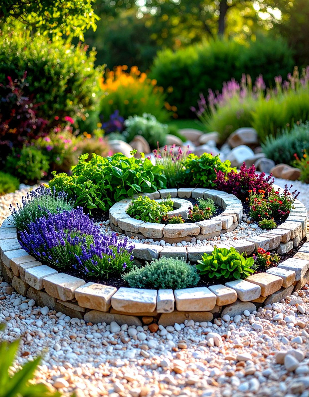 Mediterranean Herb Spiral with Gravel Base - 30 gravel landscaping ideas