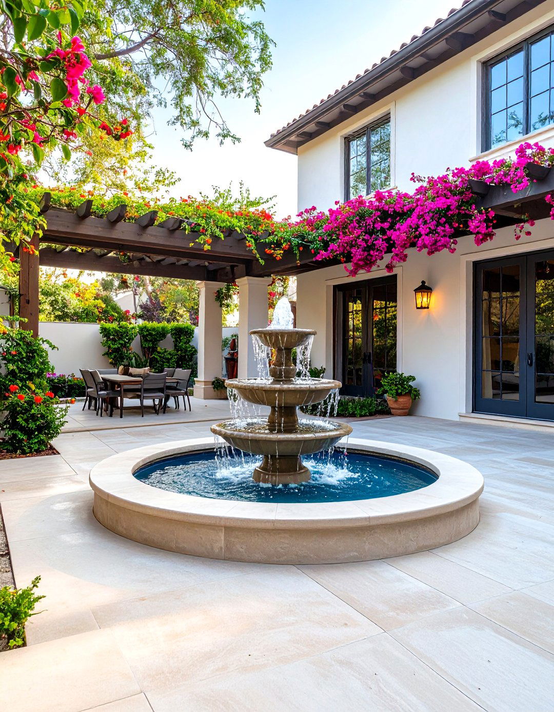 Mediterranean Inspired Concrete Patio with a Water Feature - 30 backyard concrete patio ideas