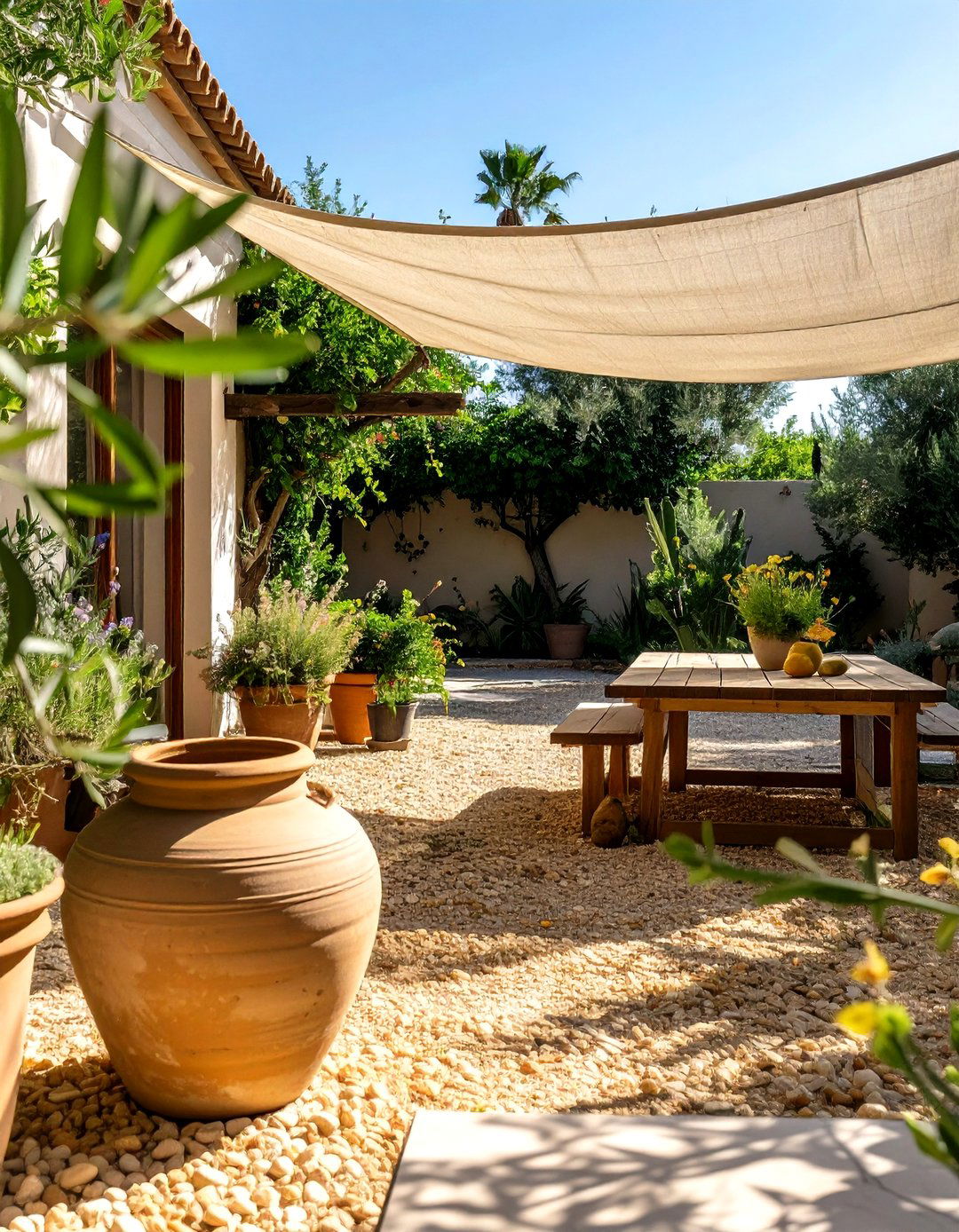 Mediterranean Inspired Gravel and Olive Jar Backyard - 30 cheap no grass backyard ideas