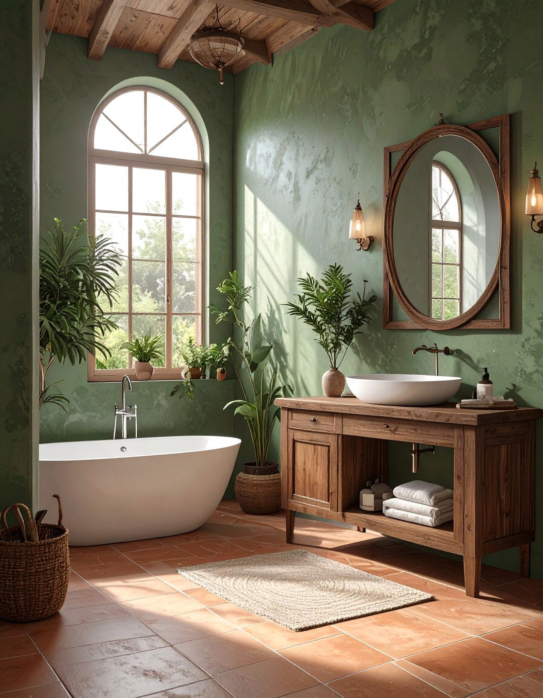 Mediterranean Inspired Olive Green Bathroom - 30 dark green bathroom ideas